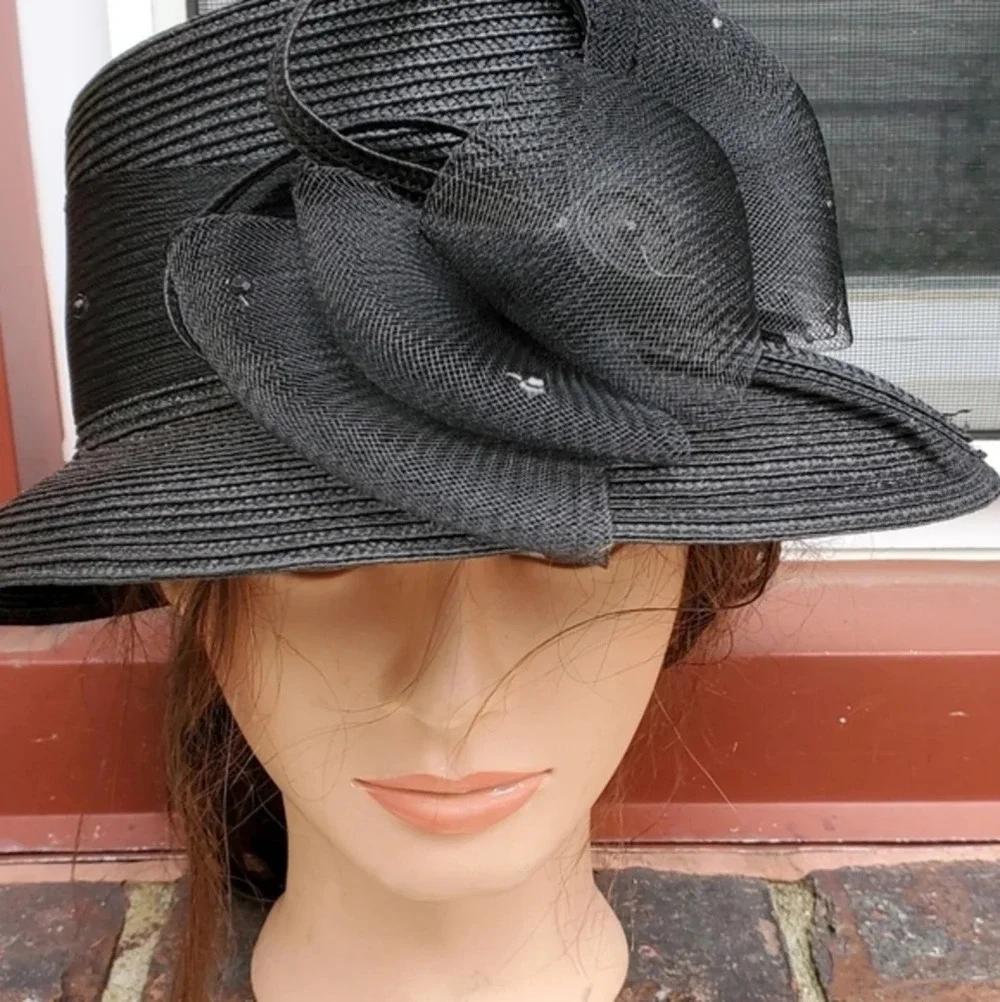 Black Floral Derby Hat Wide Brim Church Tea Party Wedding Fascinator Vintage Sty